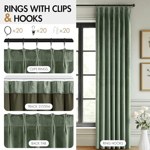 Image of MIULEE Sage Green Velvet Curtains 108 inches Long, Pinch Pleated Blackout Drapes with Hooks, Thermal Insulated Pinch Pleat Panels for Bedroom Living Room, 2 Panels