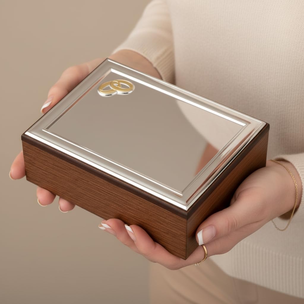 Argenteria MB Cofanetto Portagioie per Il Matrimonio o per Un Anniversario di Nozze, Realizzato in Legno con Targa in Argento PVD Personalizzabile con i Nomi, La Data dell'Anniversario o Una Dedica