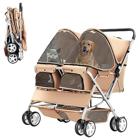 Double Pet Stroller, Foldable Stroller for 2 Dogs & Cats, Two-Seater Carrier Twin Dog Walk Jogger Travel Pet Carriage Cart with Storage, Beige Cover