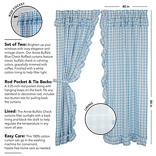 VHC-Brands-Annie-Blue-Buffalo-Check-Farmhouse-Ruffled-Panel-Curtain-Set-84×40 VHC Brands Annie Blue Buffalo Check Farmhouse Ruffled Panel Curtain Set 84×40
