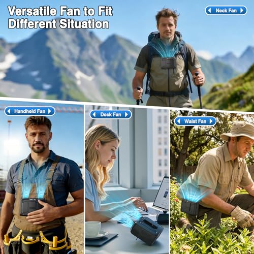 Image of XZK 20000mAh Portable Waist Fan, 4-in-1 Dual-Motor Personal Rechargeable Fan, 22000RPM 10 Speeds Clip-on Wearable Belt & Hands-Free Neck Fan for World Cup, Camping, Travel, Jobsite, Outdoor - Black