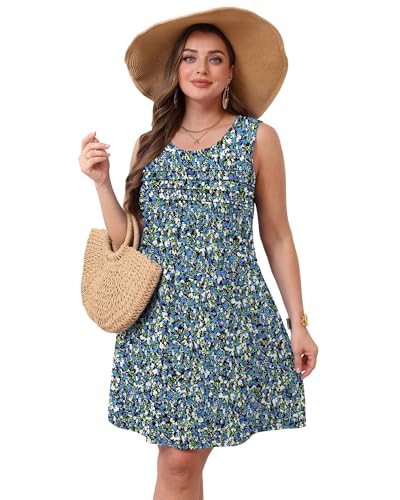 Image of OFEEFAN Womens Pleated Front Tank Dresses Fashion Spring Sleeveless Pockets Sundress Casual Summer