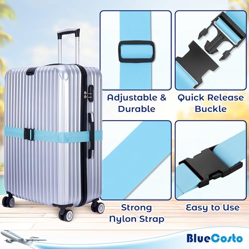 Image of Luggage Straps for Suitcases - Blue, 4 PK - Premium Nylon Belts for Luggage Security - Heavy-Duty w /Adjustable Length (46 inch-78 inch) for Suitcase, Briefcase, Backpack & Travel Bag - by BlueCosto