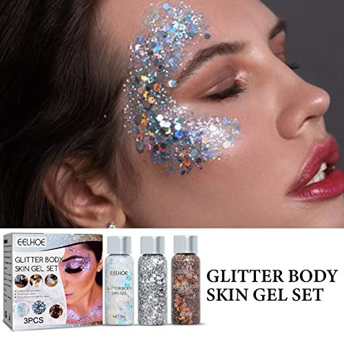 Qudai 3 Frascos x 30g Glitter Body Skin Gel Set Flash Pó Lantejoulas Embelezamento Clareamento para