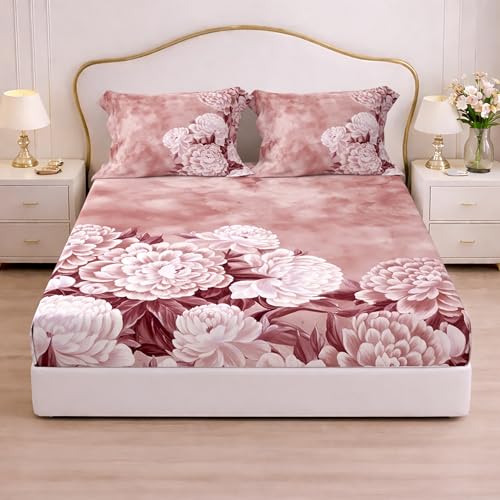Image of Cloth Fusion Glace Cotton Elastic Fitted Bedsheet King Size with 2 Pillow Covers (78X72 inches, Dusky Rose)