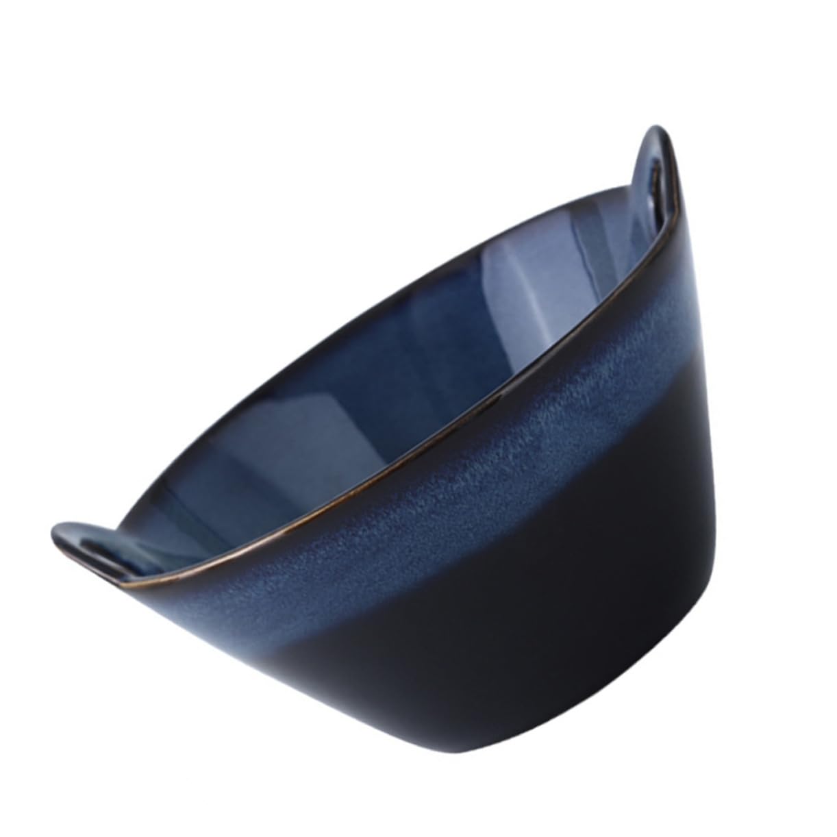 LABRIMP Tazón de Cerámica para Ramen de Doble Asa, Diseño Creativo | Color Navy, Curva Decorativa del Cuenco, Apertura Amplia, Hecho a Mano y Fácil de Limpiar