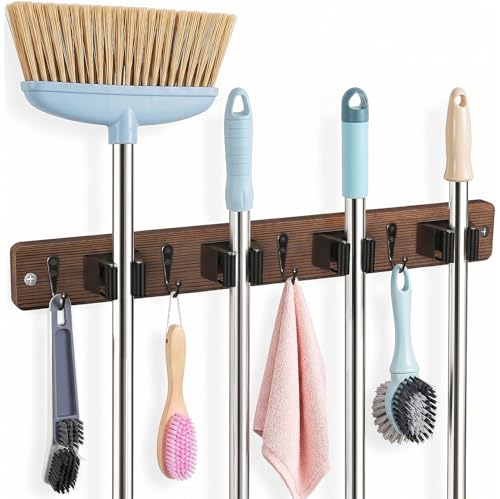 Broom Holder Wall Mount 4 Holders 4 Hooks Mop and Broom Organizer
