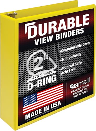 Samsill Durable 2 inch 3 Ring Binder D Ring Binder 100% Recycled Chipboard Yellow