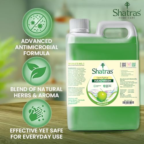 Image of Shatras Germs Fighter Handwash Liquid Refill Can 5 Litres | Green Apple Goodness | pH-Balanced Formula | Antibacterial Germ Protection | Moisturizing Hand Wash for Soft & Supple Hands