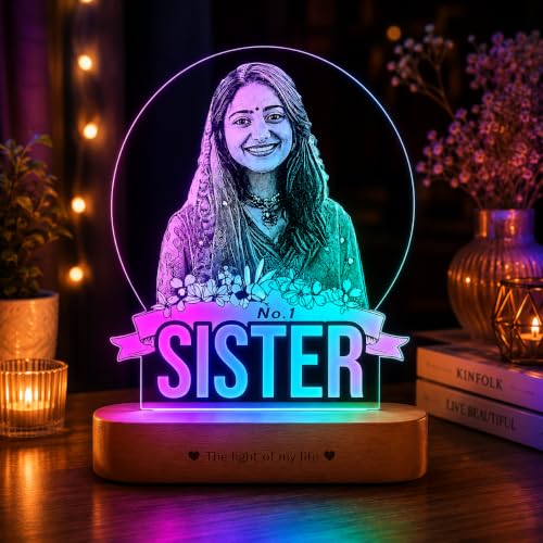 Image of ZOCI VOCI Personalized No.1 Sister Engraved Style Photo Lamp with RGB LED Acrylic Night Lamp, Raksha Bandhan Gift for Sister from Brother