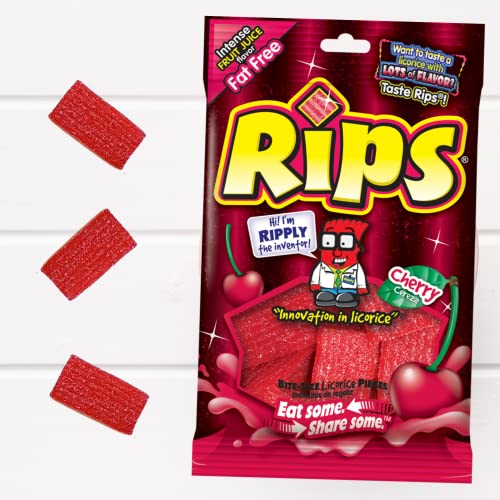 Rips Candy Licorice Cherry Flavored Bite Sized Sour Candies, Red Fat Free Gummies, On The Go Summer Snacks, Pack 3 #TOP6