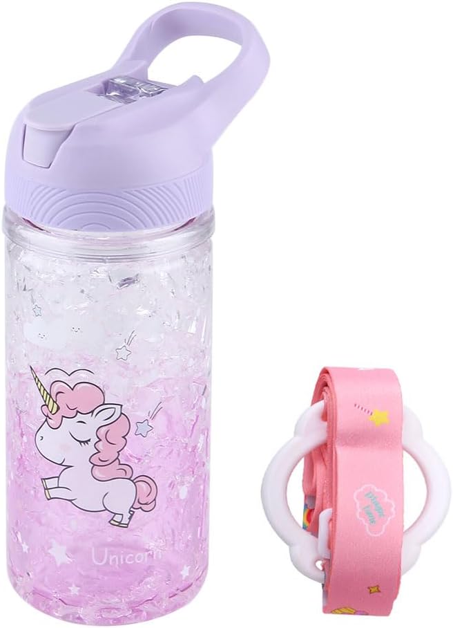 XinHuiGY Unicorn Water Bottles for Girls, Creative Double Wall Freezer Ice Cup Water Bottle with Straw and Safety Lock, Purple Outdoor Indoor Water Bottle,400ML for school, boys, unicorn lover