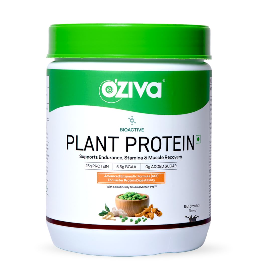 OZiva Bioactive Plant Protein (Chocolate) 500g | 25g Protein,5.5 BCAA| Pea Isolate| Plant based Protein Powder for Women & Men | Essential Amino Acids| Vegan Protein supplement, Clean, Sugar free.