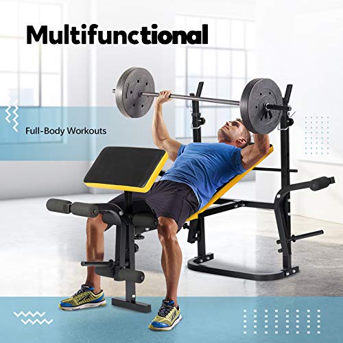 Adjustable Weight Bench with Squat Rack, Doufit WB-04 Foldable Workout Bench with Leg Extension and Preacher Curl for Full-Body Exercise and Strength Training, Weight Lifting Bench Press for Home Gym
