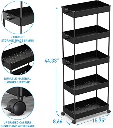 SPACEKEEPER Storage Trolley 5-Tier Storage Cart Slide Out Rolling Utility Cart Mobile Shelving Unit Trolley Organizer Cart for Kitchen Bathroom Laundry Office, Plastic & Stainless Steel, Black