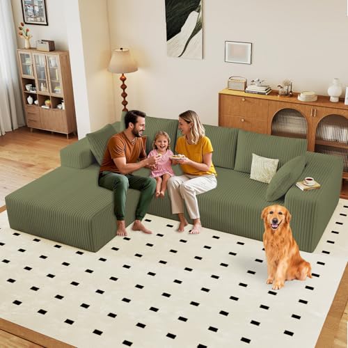 Image of 96 inch Modular Sectional Sofa, Modern Corduroy Cloud Couch with Deep Seat, Boneless Couch Upholstered 3-Seater L-Shaped Sofa for Living Room, No Assembly Required (Green, Left-Facing Chaise)