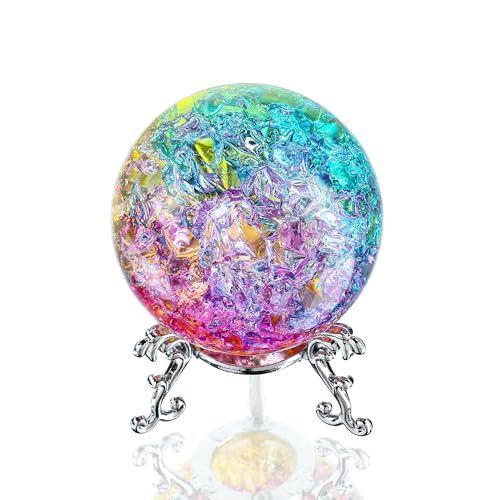 H&D HYALINE & DORA 60mm Colorful Crystal Ball Paperweight with Cracked Crystal Glass Ice Cracked Ball with Stand Accessories Rockery Ornament