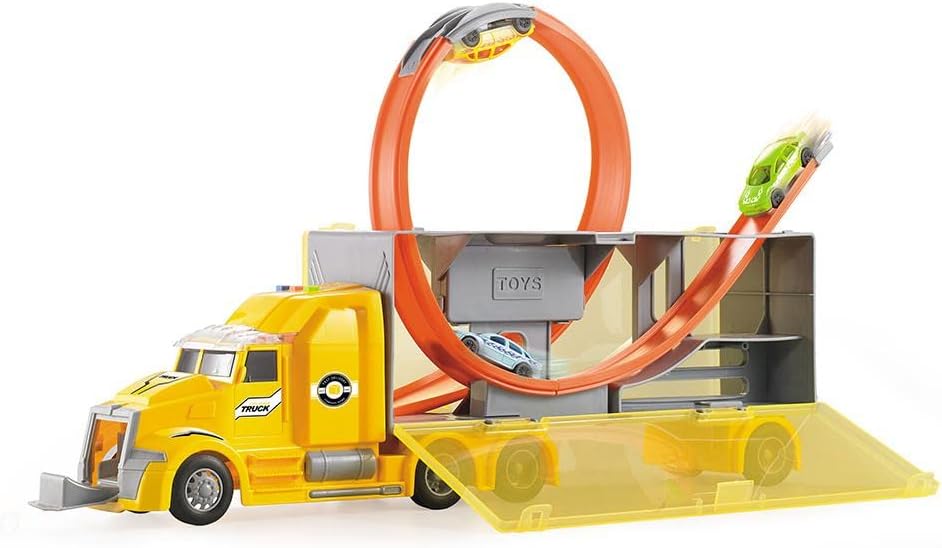 CJT- CAMIÓN PORTACOCHES Luces-Sonido con RAMPA LOOPING TACHAN Coches Juguete, Multicolor (746T00529)