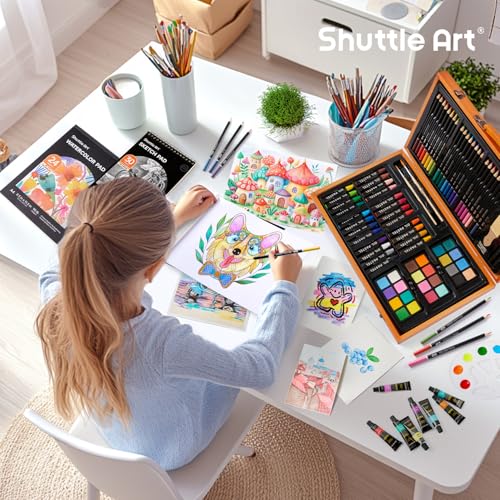 Shuttle Art 118 Piece Deluxe Art Set, Art Supplies in Wooden Case, Painting Drawing Art Kit with Acrylic Paint Pencils Oil Pastels Watercolour Cakes Colouring Book Sketch Pad for Kids Adults - Image 4
