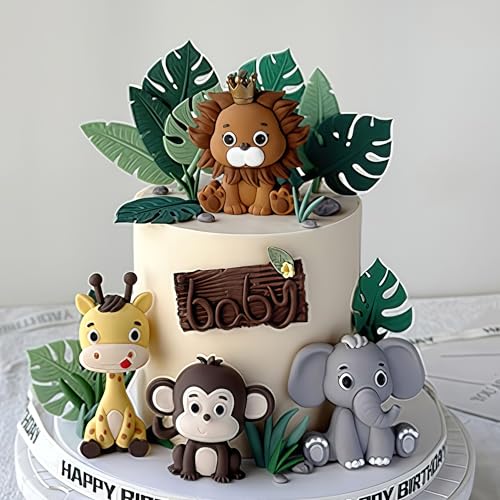 4 Piezas Decoración Selva, Toppers de Tarta Animales, Decoración de Tarta de Cumpleaños Infantil