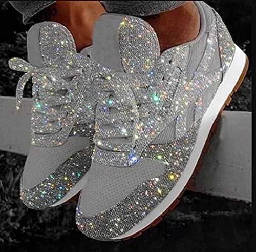 Jonuiony Women's Fashion Casual Breathable Crystal Bling Lace Up Sport Shoes Sneakers Glitter Tennis Sneakers Comfy Sparkly Rhinestone Bling Running Shoes Shiny Sequin Flat Heel Shoes(Metallic,11) #TOP1