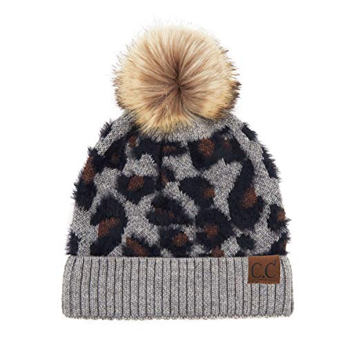 Image of C.C Exclusives Soft Beanie hat with Leopard Pattern and Fur Pom(HAT-7001)(SF-7001)