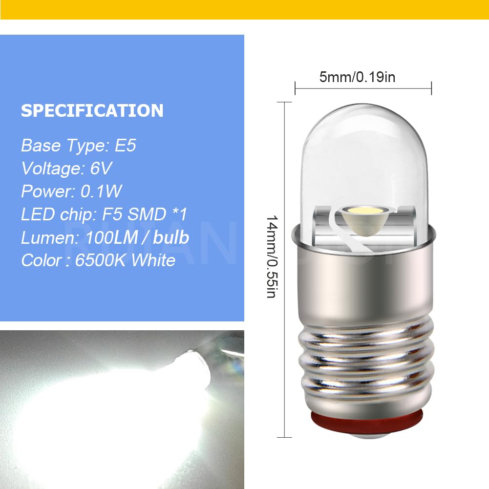 Ruiandsion 4x Lampadine LED E5 / E5.5 6V Bianco 60 Lumen | Attacco A Vite Miniature | Per Modellismo Treni, Plastici, Diarami E Illuminazione | Durata 50.000 Ore