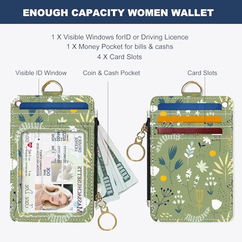 Slim Wallet Credit Card Holder, Grass Green Flowers, RFID Wallet Women Cute Small Front Pocket Wallet With Zipper, PU Leather Thin travel RFID Blocking Card Case ID Window,Ladies Gifts3