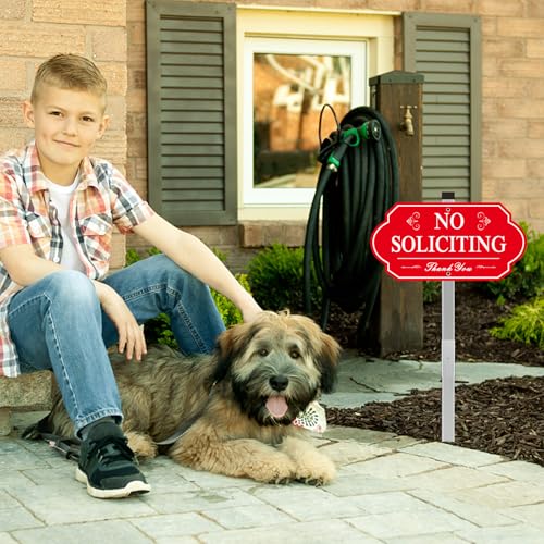 Image of Heavy Duty No Soliciting Sign for House - All Metal Construction No Soliciting Yard Sign - 14 inch x 7 inch - Aluminum - with 28 inch Long Stake (Red)