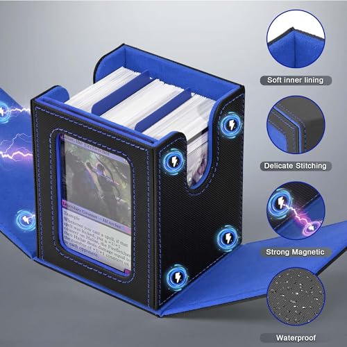 Image of ZLCA MTG Deck Box with Commander Window Display, Trading Card Storage Box Holds 100 Double-Sleeved Cards Suitable for TCG /CCG /PTCG /EDH /Magic /Sport Cards (Black&Blue)