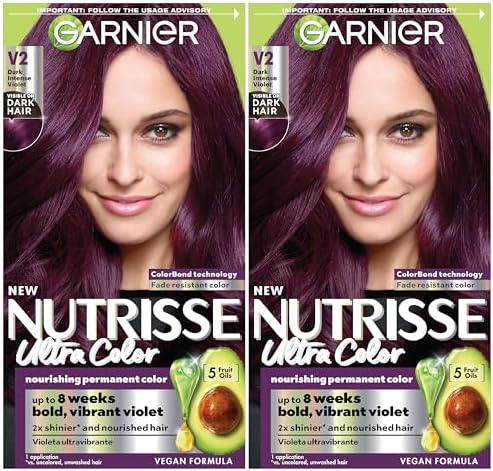 Garnier Hair Color Nutrisse Ultra Color Nourishing Creme, V2 Dark Intense Violet (Spiced Plum) Purple Permanent Hair Dye, 2 Count (Packaging May Vary)