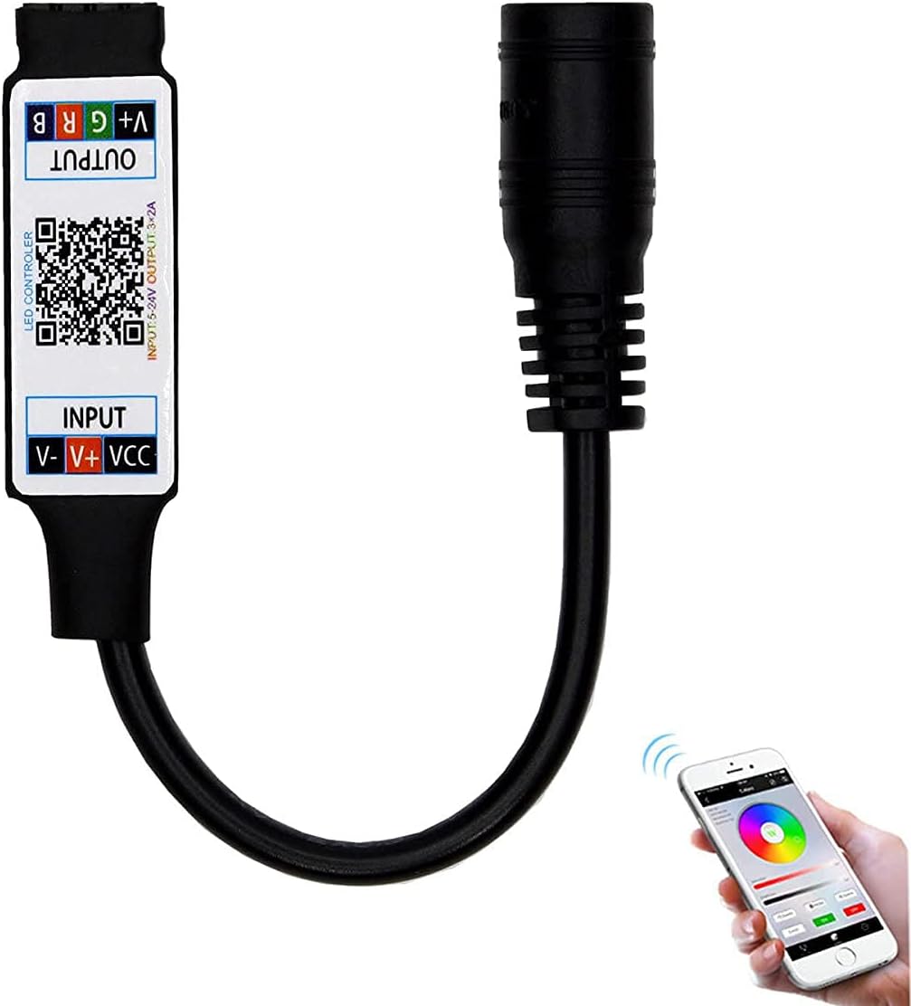 TOPXCDZ Mini RGB Bluetooth Controller connected to an LED strip, with a smartphone displaying the control app.