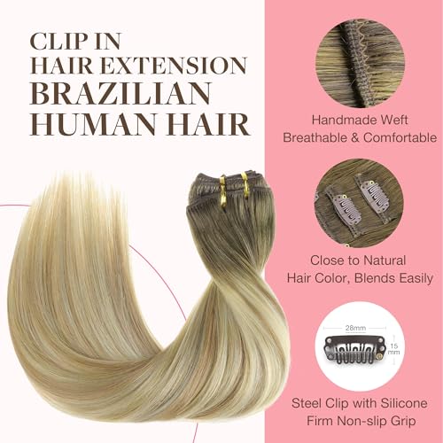 Image of GOO GOO Clip in Hair Extensions Real Human Hair, Remy Human Hair Extensions Clip ins for Women, Natural Human Hair, 16inch 120g 7Pcs, 5A /90 /16F Bahamian Balayage