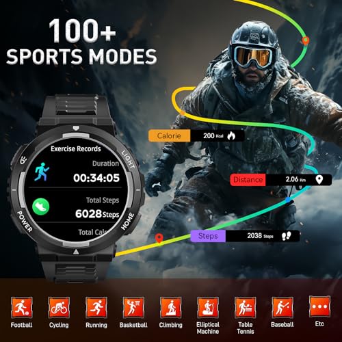 Foxhawk Military Smart Watch for Men with LED Flashlight, 1.53" HD Tactical Smartwatch with Bluetooth Call, 3ATM Waterproof Rugged Fitness Tracker, 100+ Sports Modes, Heart Rate Monitor, iOS/Android — view 4