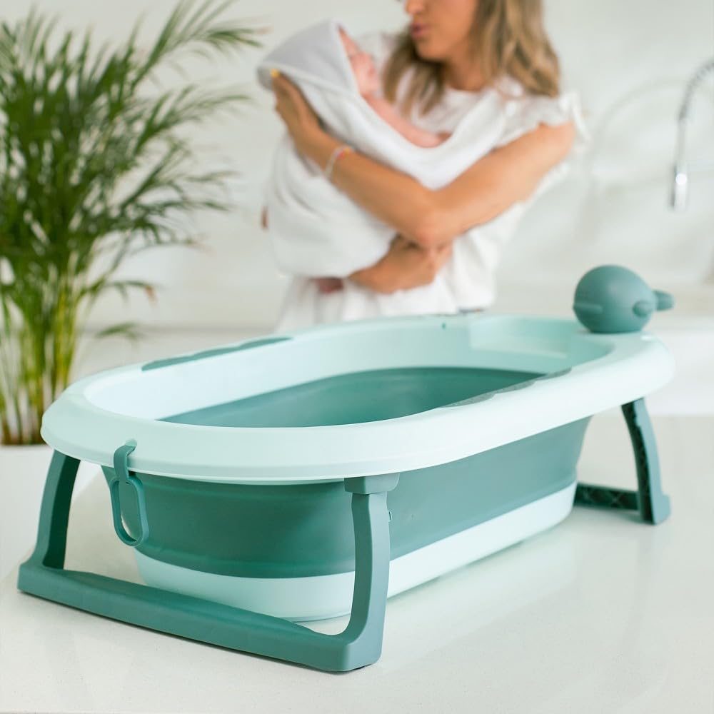 Interbaby Vaschetta Bagnetto Pieghevole, Tappo e Tazza Risciacquo (Verde) | Vaschetta neonato con gambe e tazza risciacquo, antiscivolo, tappo scarico, dalla nascita a 2 anni, pieghevole