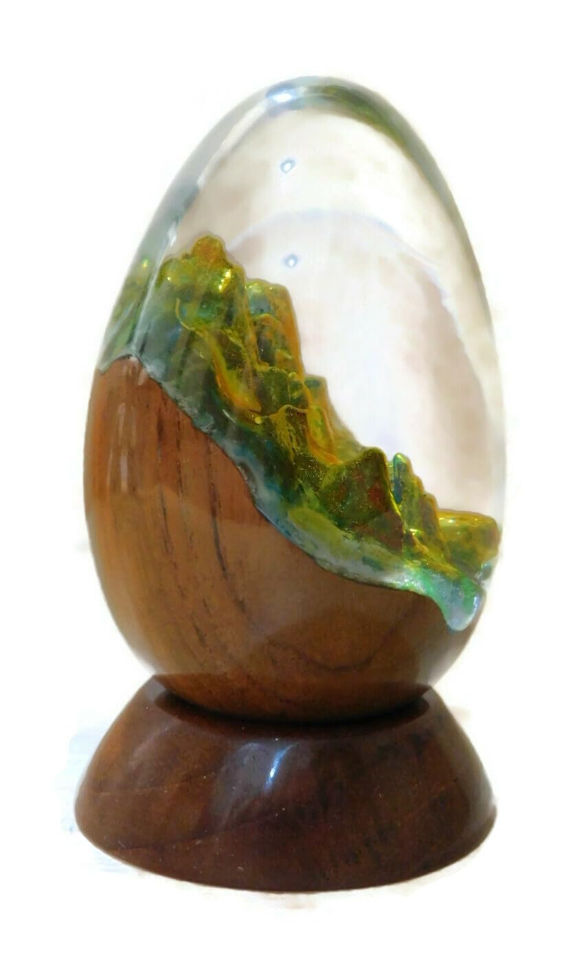 Brave Wings Hand Made Wood and Resin Egg ~ Green Rocky Hill 9.5cm High ~ Ornament Sculpture Figurine Statue Unique Table Decoration Home Decor Collectibles ~ 4963 - Image 4