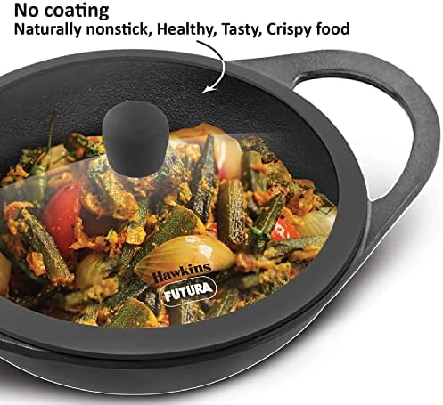 Hawkins Futura 2 Litre Cast Iron Kadhai, Naturally Nonstick Cast Iron Kadai with Glass Lid, Cast Iron Cookware for Kitchen, Black (CIK20G) - Thumbnail 3