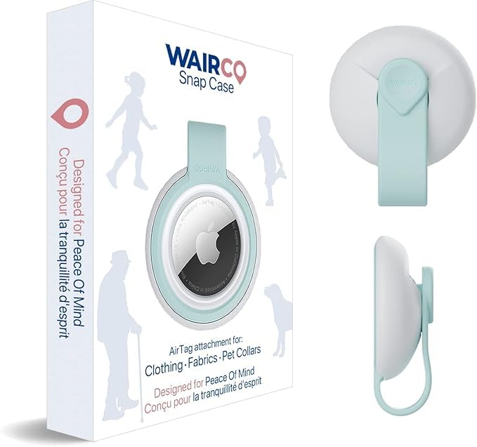 WAIRCO Airtag Holder - Revolutionary Secure Snap Closure for Apple Airtag | Multi-Fabric Easy Attachment | Anti-Scratch Protective GPS Tracker Case, Kids, Seniors, Pet Collars & Luggage (Teal & White)