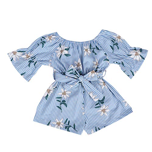 Image of Kids Toddler Baby Girls Summer Outfit Off-Shoulder Overall Romper Jumpsuit Short Trousers Clothes (12-18 Months, Sky Blue)