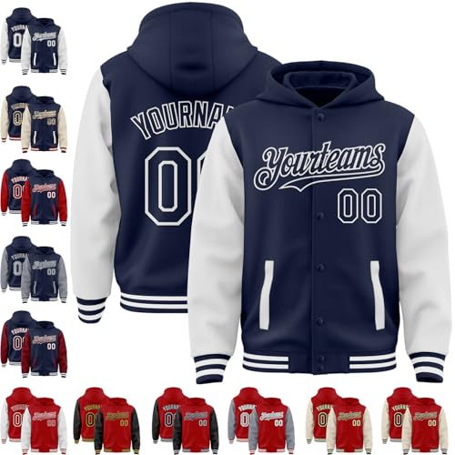 Custom Varsity Jacket with Hood Personalized Teens Letterman Hooded Jacket Full-Snap Baseball Bomber Jacket