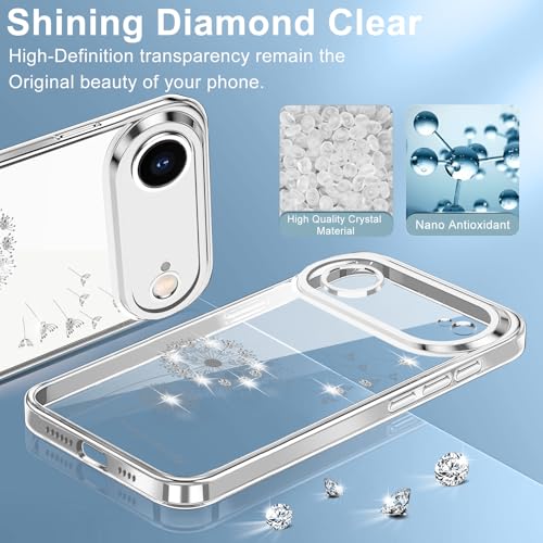 Layeri Capa protetora para iPhone Air, proteção total da lente da câmera, transparente, antiamarelamento, flores de dente-de-leão, capa protetora fina à prova de choque para iPhone 17 Air (prata