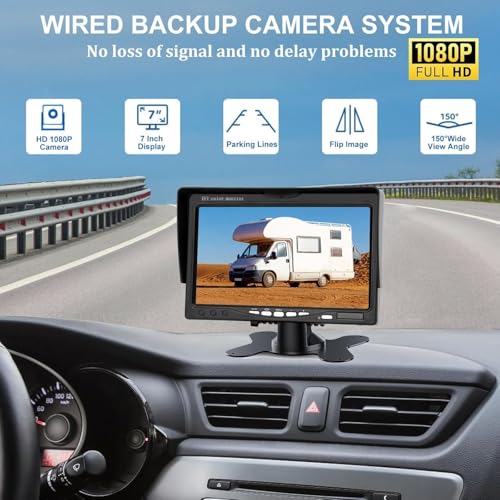 Image of Wired Backup Camera System 7 inch IPS Monitor, Stable Wired Signal, 1080P IP69 Waterproof Camera, Color Night Vision, 150 View, DIY Parking Lines, 49 ft Cable, 12-36V for Truck RV Trailer Van