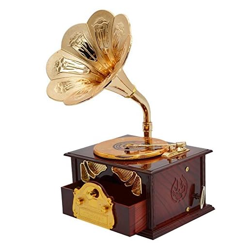 Fding Classical Trumpet Horn Turntable Gramophone Art Disc Music Box & Make up Case &Jewelry Box Home Decor (Brown)