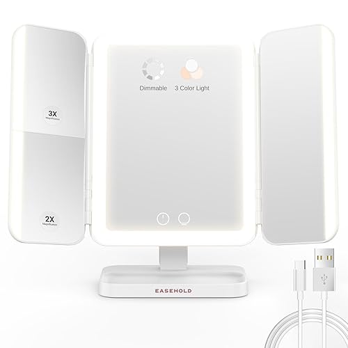 Miniatura 10 de EASEHOLD Espejo de tocador con luces, aumento 2X 3X, tríptico, recargable, control táctil, regalos para niñas y mujeres