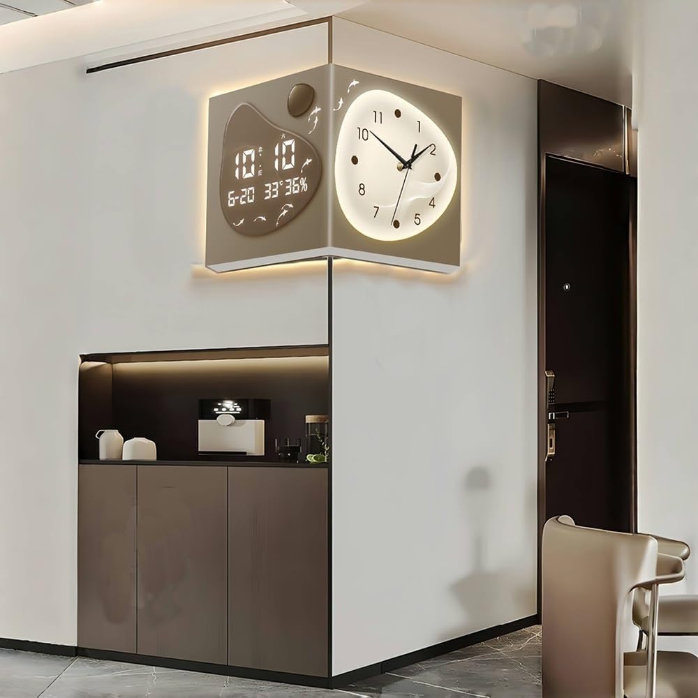 Dwustronny zegar ścienny z pilotem, 3-kolorowe światła LED do dekoracji salonu, nowoczesny design, zasilany bateriami, wyświetlacz cyfrowy, idealne akcesoria domowe