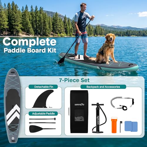 Image of SereneLife 10'6 inch Inflatable Stand Up Paddle Board with Premium SUP Accessories - 32 inch Wide Stable Design with Non-Slip EVA Deck Pad, for Youth and Adults, 350 lbs. Capacity