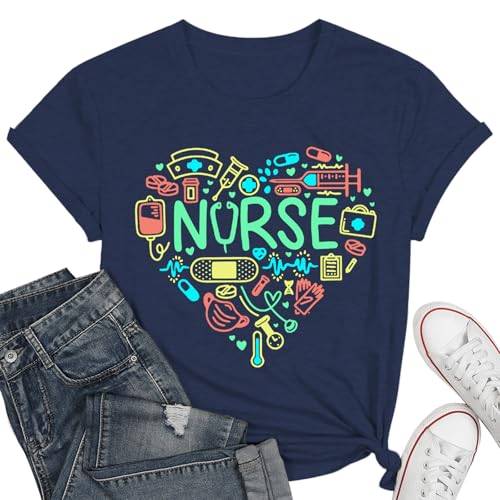Nurse Shirts for Women Cute Nurses Life Tshirt Ladies Heart Nurse Short Sleeve Tee Tops