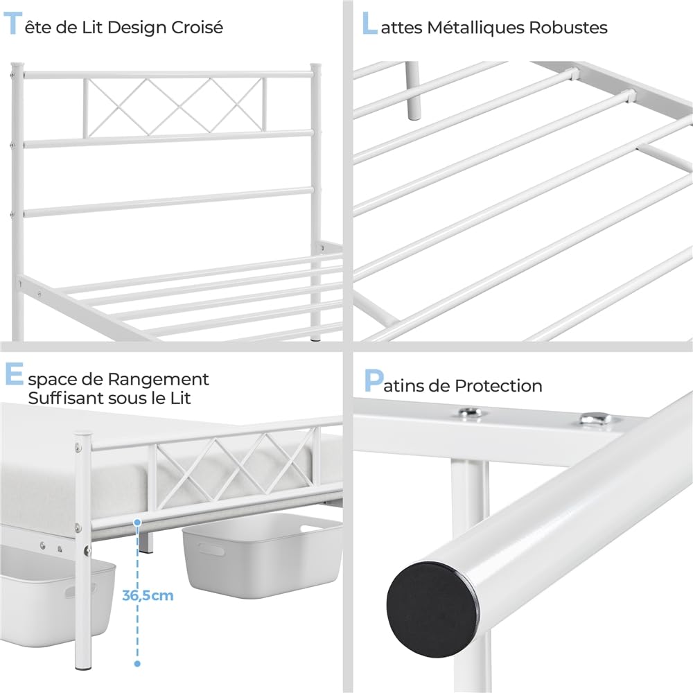 Yaheetech Cadre de Lit 90x190cm avec sommier Tête de lit Design en X Blanc