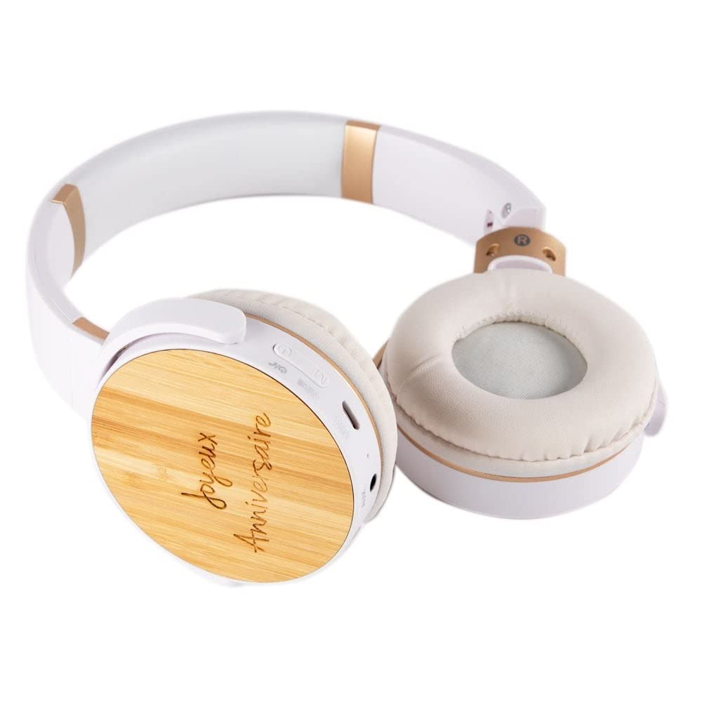 Ocadeau Cuffie wireless personalizzate con testo inciso - Cuffie bluetooth in plastica e legno bianco con testo inciso