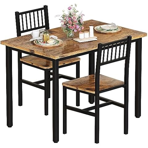 AWQM 3 Piece Dining Table Set, Small Industrial Kitchen Table and 2 Chairs, Kitchen Breakfast Dining Table Set, Breakfast Table Set for Dining Room, Living Room, Apartment, Small Space, Brown Cover